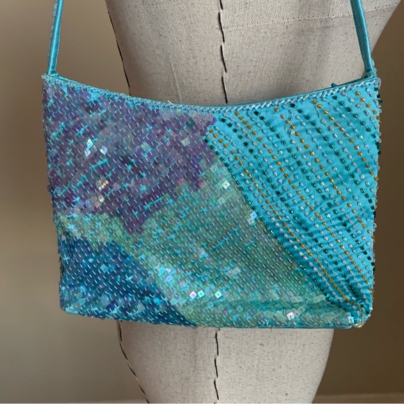 Y2k Luisa Spagnoli Blue Sequin Beaded Shoulder Hand Bag Purse - Picture 4 of 13